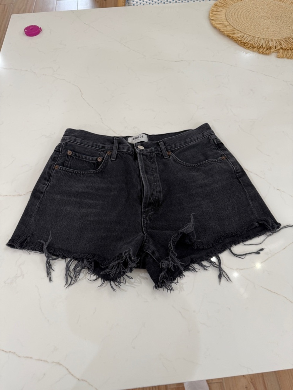 Agolde Black Frayed Hem Denim Shorts